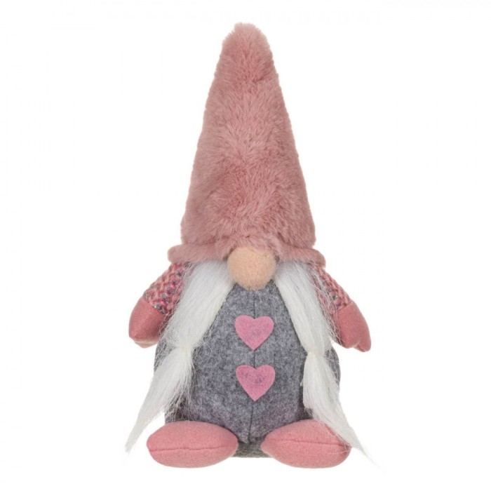 Figurină Decorativă Crăciun, Gnome, Haină Imprimeu Inimi, Culoare Gri și Somon, 25cm