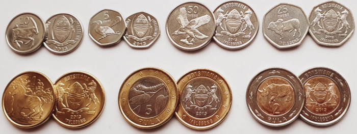 01B34 Botswana set 7 monede 5, 10, 25, 50 thebe 1, 2, 5 Pula 2013 - 2016 UNC