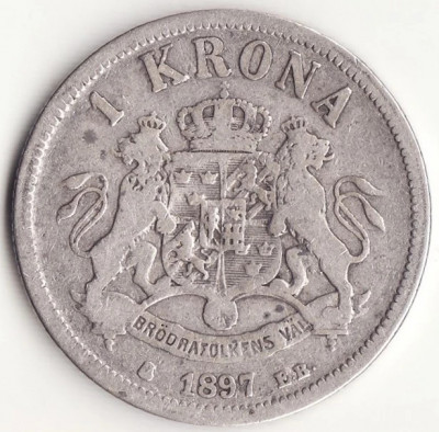 Moneda Suedia - 1 Krona 1897 - Argint foto