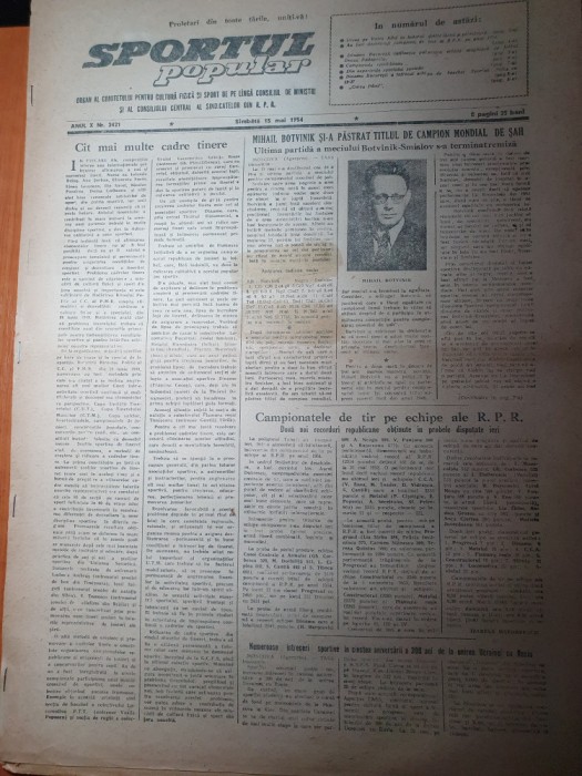 sportul popular 15 mai 1954-fotbal dinamo-dozsa budapesta,campioni la box,sah