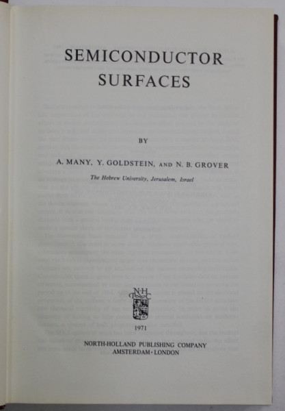 SEMICONDUCTOR SURFACES by A. MANY ...N.B. GROVER , 1971