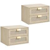HOMCOM Set de 2 noptiere murale, noptiere suspendate cu 2 sertare și blat cu efect ratan, stejar | Aosom Romania