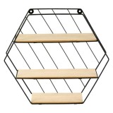 Raft decorativ cu 3 polite pentru perete din metal, forma hexagonala, Negru Crem