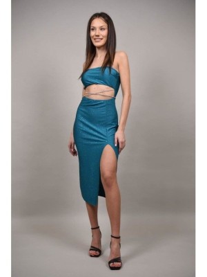 ROCHIE MIDI DE OCAZIE FARA BRETELE CU APLICATII ZINGARELLO XS-S Turcoaz foto