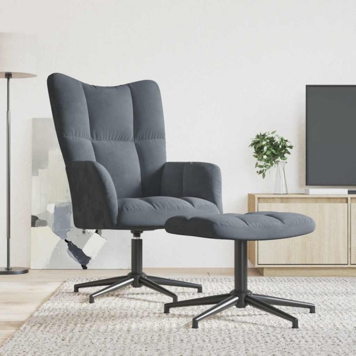 vidaXL Scaun de relaxare cu taburet, gri &icirc;nchis, catifea 328107