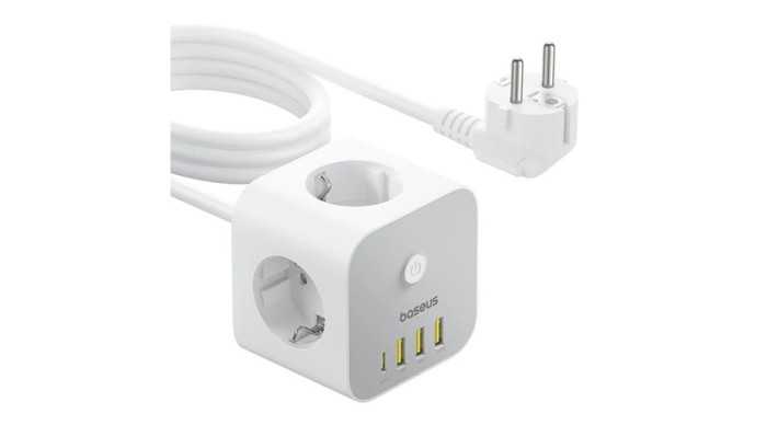 Baseus PowerCombo 7 &icirc;n 1 Cub Prelungitor, 3 AC + 3 x USB-A + 1 x USB-C 20W 1.5 m - alb