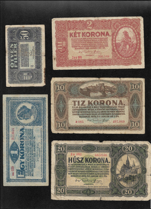 Set Ungaria 50 filler + 1 + 2 + 10 + 20 coroane korona 1920 (cele din imagini)