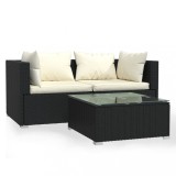 Set mobilier de gradina cu perne, 3 piese, negru, poliratan