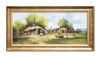 Tablou peisaj rural fantana cu cumpana pictat manual inramat, 70x35cm ulei pe panza, Geo Ungureanu