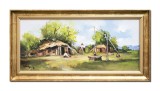 Cumpara ieftin Tablou peisaj rural fantana cu cumpana pictat manual inramat, 70x35cm ulei pe panza, Geo Ungureanu