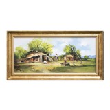 Tablou peisaj rural fantana cu cumpana pictat manual inramat, 70x35cm ulei pe panza, Geo Ungureanu