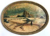 Tablou oval ulei carton peisaj iarna semnat S. Burlaici 1955
