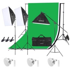 Kit studio foto, 3 lumini softbox, suport fundal 2x3m, 3x bec 105W cu telecomanda, 3 panze fundal multicolore + geanta transport
