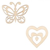 Accesorii Lemn Arts &amp; Crafts, Set 5 Bucăți, Inimi și Fluturi, Oem