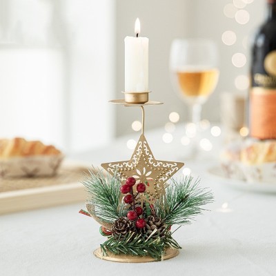 Suport Decorativ pentru Lumanare de Craciun, Flippy, Ornament pentru Lumanare, Model Stea Aurie cu Crengute de Brad, din Art Metal, pentru Masa, fara foto