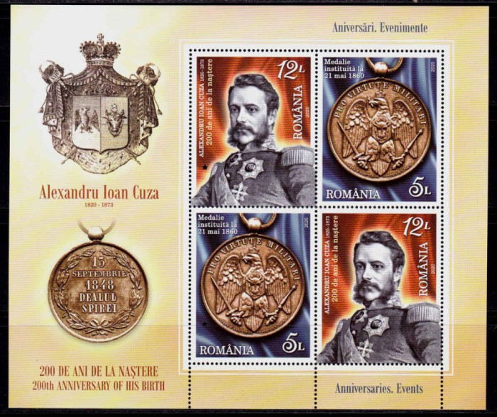 ✅RO 2020,LP 2278 a,bloc 829 T I , &quot;200 ani A.I.Cuza&quot; MNH ,tiraj 2.050/nom.34 Lei