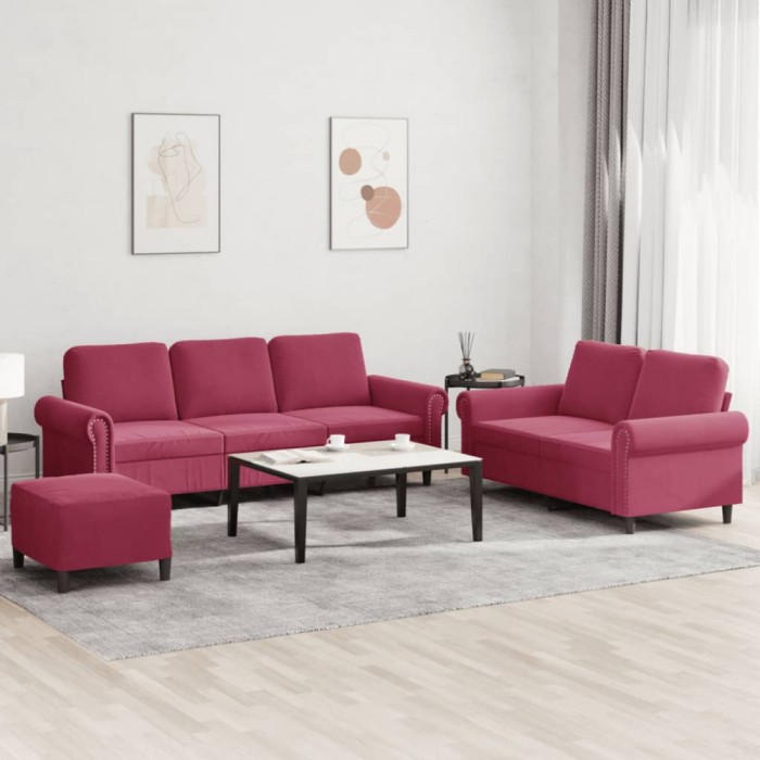 vidaXL Set canapea cu perne, 3 piese, roșu vin, catifea