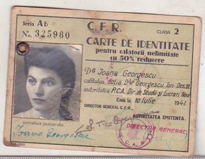 bnk div CFR carte de identitate ptr calatorii nelimitate 50% redus cls II 1941 foto