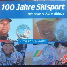 MONEDA DIN ARGINT AUSTRIA - 5 EURO 2005, MONEDA UNC IN BLISTER-100 ANI SKI SPORT