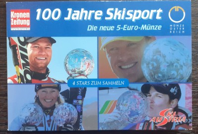 MONEDA DIN ARGINT AUSTRIA - 5 EURO 2005, MONEDA UNC IN BLISTER-100 ANI SKI SPORT foto