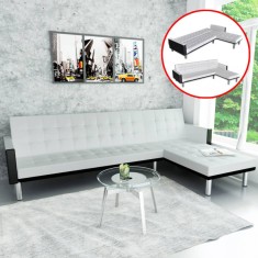 Canapea extensibilă &icirc;n formă de L, piele artificială, alb și negru