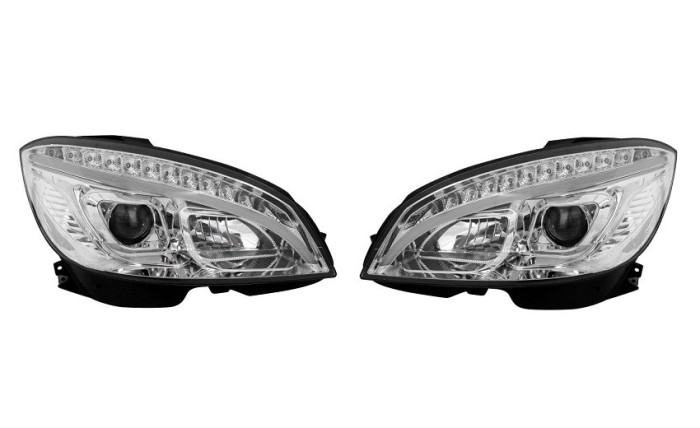 Set faruri tuning Mercedes Clasa C, 03.2011, partea stanga+dreapta, Taiwan, cu indicator led; cu &amp;quot; lumina timp de zi&amp;quot; tip LED; H9+LED;
