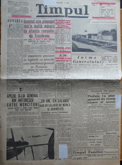 Ziarul Timpul, 23 septembrie 1940