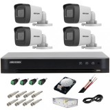 Kit complet supraveghere 5 MP lite Hiwatch by Hikvision Turbo HD cu 4 camere Bullet IR 25m, alimentator, cabluri, mufe, HDD 1 Tb, vizualizare pe inter