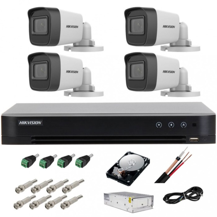 Kit complet supraveghere 5 MP lite Hiwatch by Hikvision Turbo HD cu 4 camere Bullet IR 25m, alimentator, cabluri, mufe, HDD 1 Tb, vizualizare pe inter