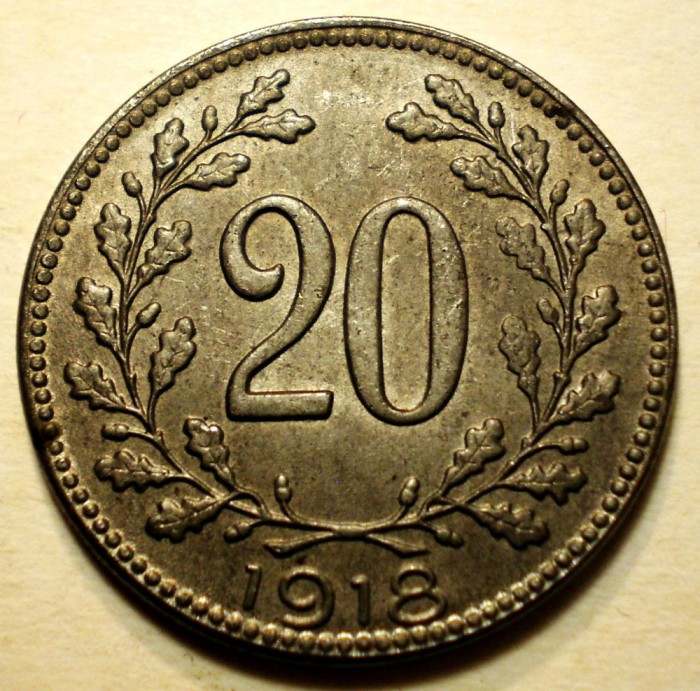7.033 AUSTRIA WWI 20 HELLER 1918 XF/AUNC