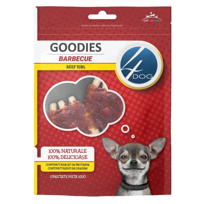Recompensa caini / hrana complementara, 4 Dog Goodies Barbecue, punga 100 g, toate taliile, toate varstele, carne de vita