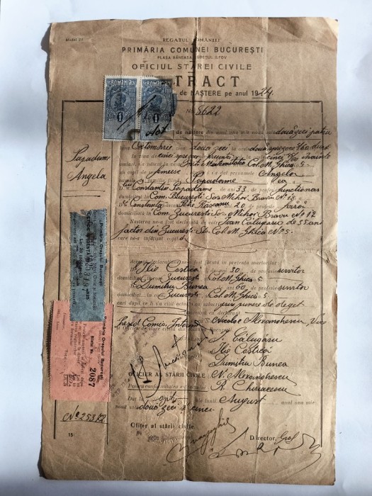 Extract de nastere pe anul 1924 emis de Primaria Comunei Bucuresti / CD1P