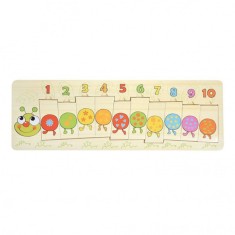Puzzle din lemn decupat, Montessori, interactiv si educativ pentru bebelusi si copii, model omida, 10 piese, +12 luni, NippleBaby