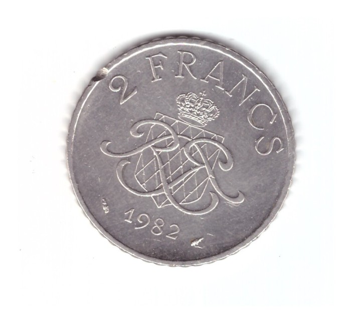 Moneda Monaco 2 francs/franci 1982, stare buna, cant pilit, curata