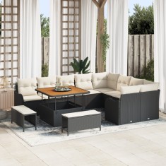 Set de 12 piese de sofa de gradina cu perne negru din poliratan acacia, set de 3 piese de dining de gradina cu perne negru din poliratan acacia, sofa
