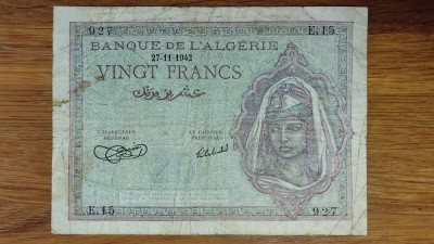 Algeria franceza in timpul WW2 - bancnota de colectie rara - 20 franci / francs 1942 foto