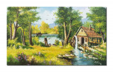 Tablou pictat manual living, La moara cu noroc, peisaj din natura cu pescar, 100x60cm ulei pe panza, gata de agatat pe perete