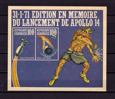 Gabon 1971 &amp;quot;Spatiu - Apollo 14 &amp;quot; cota 7.50 &amp;euro; ,p. aeriana bloc 19 nedantelat,MNH foto