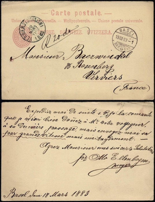 Switzerland 1883 Old postcard postal stationery Basel to Verviers Belgium DB.199