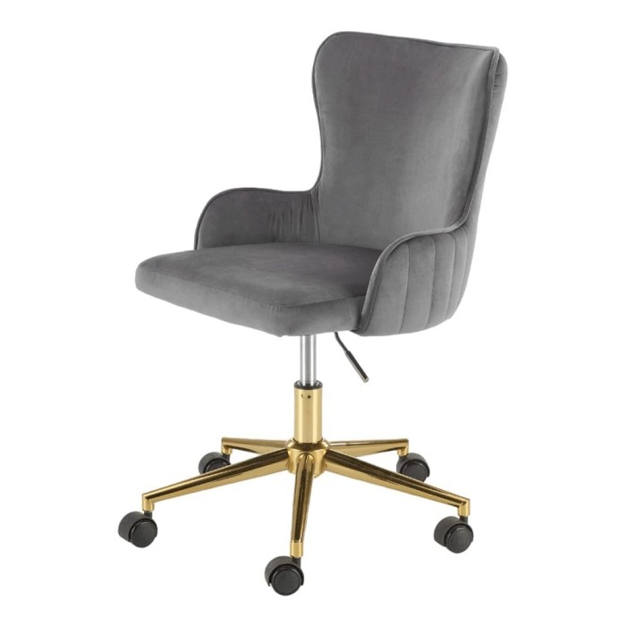Scaun birou HM Timoteo, stofa tip catifea, inaltime ajustabila, roti pivotante, cadru metalic auriu, 100 kg, gri