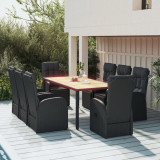 Set masa gradina 9 piese vidaXL, poliratan negru, lemn acacia, scaune rabatabile cu perne incluse, 190x90x75 cm