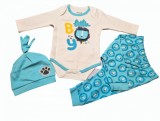 Set body, pantaloni si caciulita Little Boy bebelusi bumbac 3-9 luni