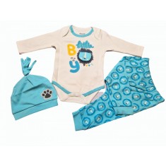 Set body, pantaloni si caciulita Little Boy bebelusi bumbac 3-9 luni