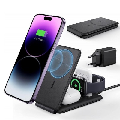 Statie de incarcare 3in1 wireless ESR, Qi2 15W, set, negru foto