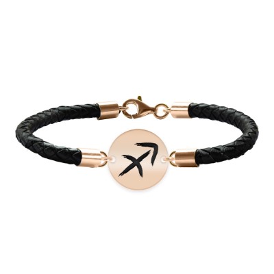 Bratara Premium din piele impletita si banut argint 925 placat cu aur Roz personalizat cu zodiac - Sagetator foto