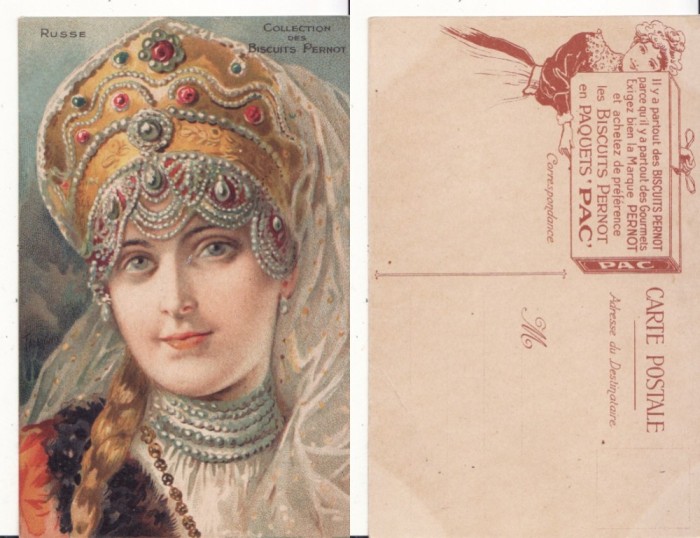 Rusia- tipuri, femei- litografie,reclama biscuiti