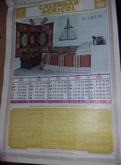 Calendar vechi de perete Ceausist,calendar AGRICOL,1986-1990,Ziar INAINTE Braila