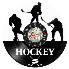 Ceas de perete decorativ, Hochei pe gheata / Ice Hockey, realizat din disc de vinil (Vinyl Record), 30 cm, mecanism silențios, negru