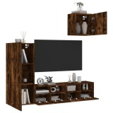 vidaXL Unități TV de perete cu LED-uri, 4 piese, stejar fumuriu, lemn