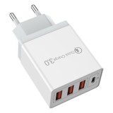 Incarcator Fast Charge pentru Telefon 32W, Flippy, Incarcator Quick Charge cu 3 Porturi USB-A 3.1A &amp; 1 USB-C, Power Delivery 32W, Cap Standard Europea